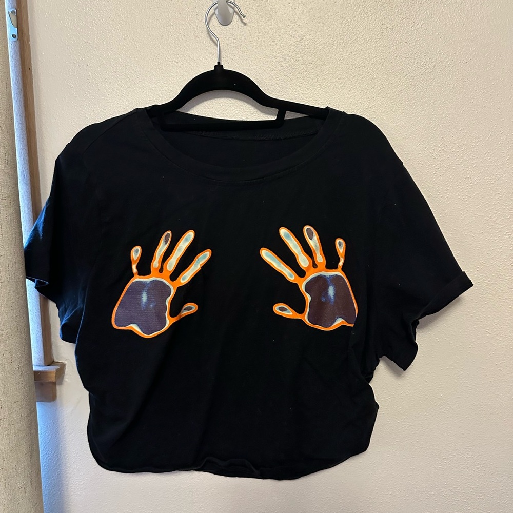 Trendy Black Crop Top with Orange Handprint Design